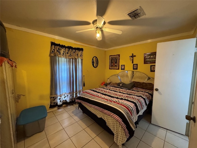9227 Vanwood St, Houston, TX 77040 - bedroom with light tile patterned floors, ornamental molding, and a ceiling fan
