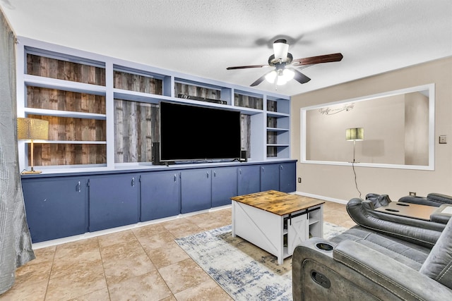 202 Twin Harbors Dr, Onalaska, TX 77360 - living room with ceiling fan, built in features, and a textured ceiling