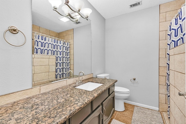 202 Twin Harbors Dr, Onalaska, TX 77360 - full bathroom featuring vanity, a shower with shower curtain, tile patterned floors, a chandelier, and a textured ceiling