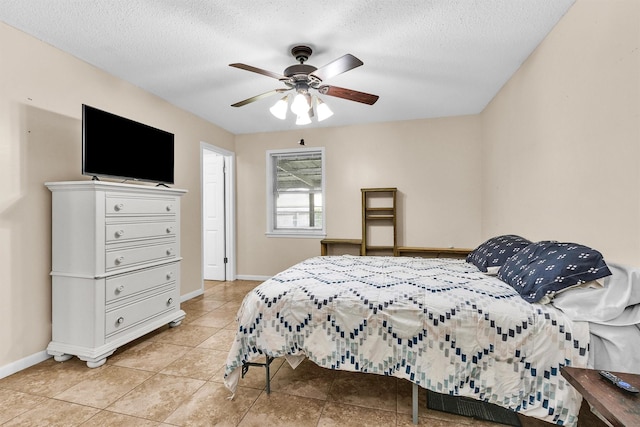 202 Twin Harbors Dr, Onalaska, TX 77360 - bedroom with light tile patterned flooring, a textured ceiling, and a ceiling fan