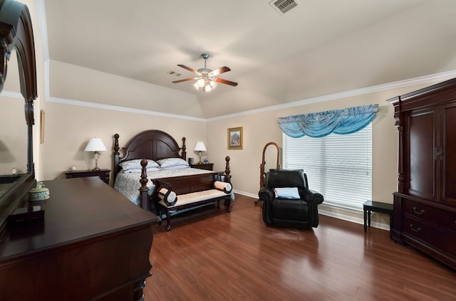 13603 Sand Mountain Ln, Houston, TX 77044 - bedroom with dark wood finished floors, crown molding, lofted ceiling, and ceiling fan