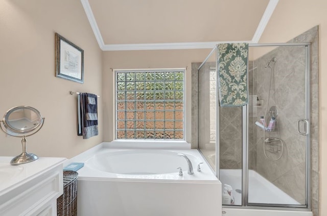 13603 Sand Mountain Ln, Houston, TX 77044 - bathroom featuring crown molding, a bath, a stall shower, and vanity