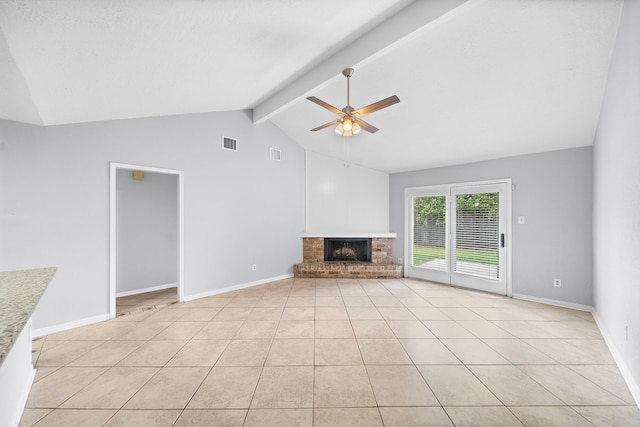 1617 Pecan Hollow St, Pearland, TX 77581 - unfurnished living room with ceiling fan, a fireplace, and light tile patterned floors