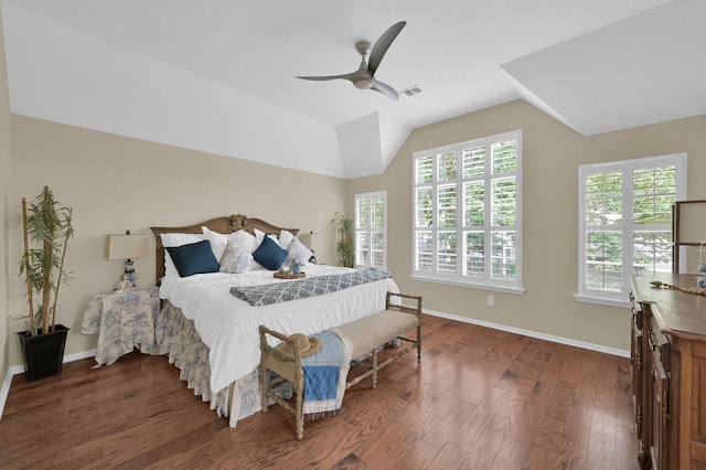 46 Lightwood Trce, The Woodlands, TX 77382 - bedroom featuring dark wood-style floors, a ceiling fan, and vaulted ceiling