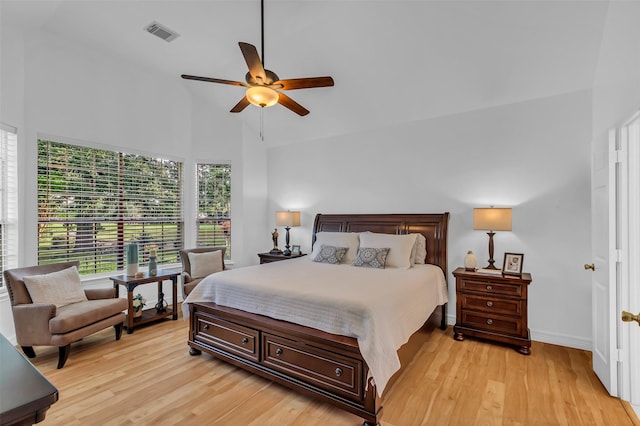 7710 Aerobic Ave, Humble, TX 77346 - bedroom featuring high vaulted ceiling, light wood-style flooring, and a ceiling fan