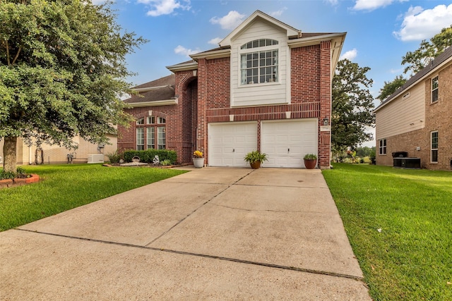 7710 Aerobic Ave, Humble, TX 77346 - traditional home with brick siding, a front lawn, a garage, and concrete driveway