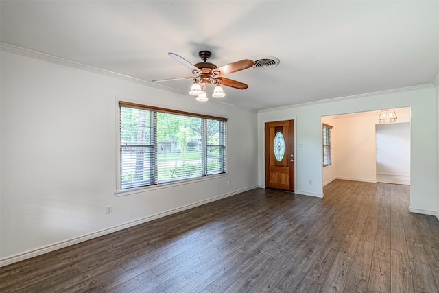 1226 Timbergrove Ln, Houston, TX 77008 - foyer featuring ceiling fan, ornamental molding, and dark wood finished floors