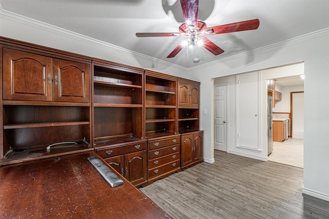 1226 Timbergrove Ln, Houston, TX 77008 - unfurnished office featuring a ceiling fan, wood finished floors, and ornamental molding