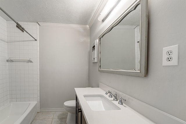 1226 Timbergrove Ln, Houston, TX 77008 - bathroom with a textured ceiling, vanity, tile patterned floors, shower / tub combination, and ornamental molding