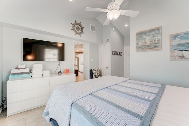 4211 Surf Dr, Galveston, TX 77554 - bedroom featuring high vaulted ceiling, a ceiling fan, recessed lighting, and light tile patterned flooring