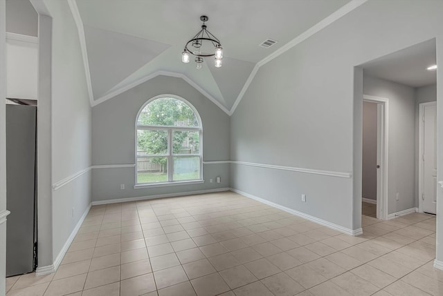 285 Rd 66121, Dayton, TX 77535 - unfurnished room with lofted ceiling, light tile patterned floors, a chandelier, and crown molding