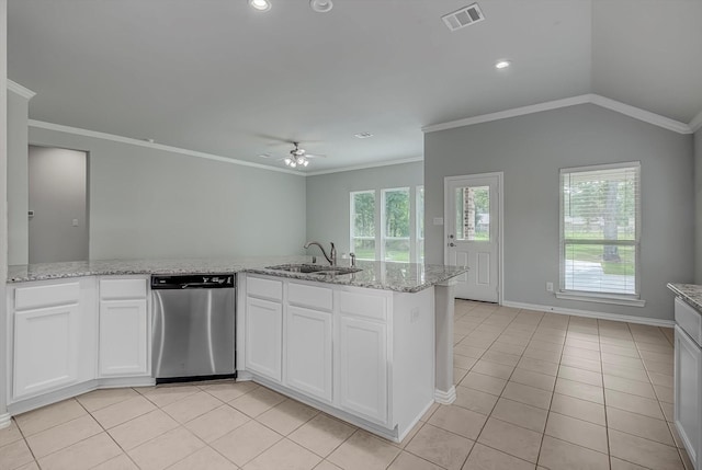 285 Rd 66121, Dayton, TX 77535 - kitchen featuring dishwasher, a ceiling fan, white cabinetry, light stone countertops, and light tile patterned flooring
