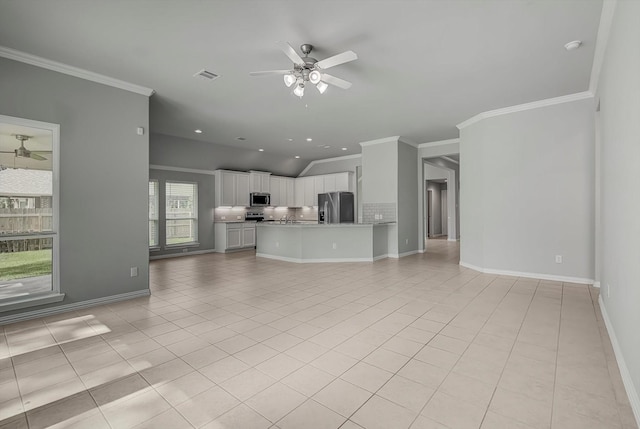 285 Rd 66121, Dayton, TX 77535 - unfurnished living room featuring a ceiling fan, light tile patterned flooring, ornamental molding, and recessed lighting