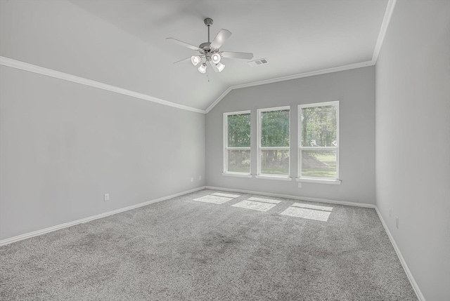 285 Rd 66121, Dayton, TX 77535 - unfurnished room featuring carpet flooring, crown molding, vaulted ceiling, and a ceiling fan