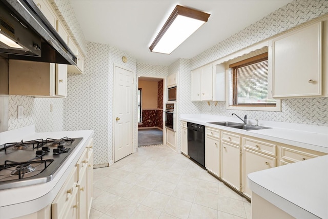 16810 Methil Dr, Spring, TX 77379 - kitchen featuring stainless steel appliances, extractor fan, wallpapered walls, light countertops, and light tile patterned floors