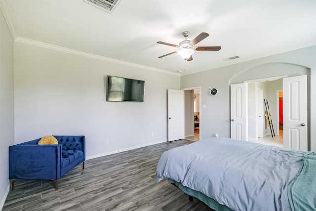 18002 Quarry Vale Dr, Cypress, TX 77429 - bedroom with crown molding, wood finished floors, and ceiling fan