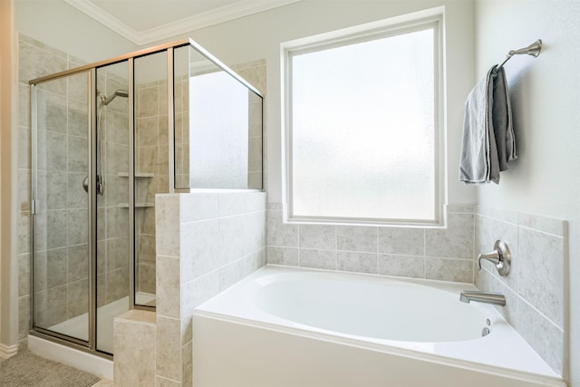 18002 Quarry Vale Dr, Cypress, TX 77429 - full bath with a garden tub, a stall shower, and crown molding