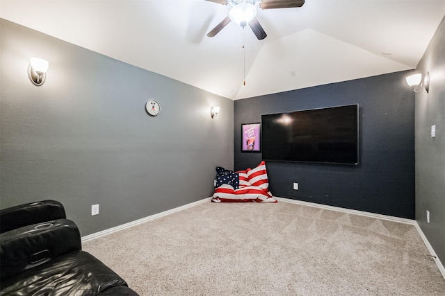 18002 Quarry Vale Dr, Cypress, TX 77429 - cinema room with lofted ceiling, carpet, and a ceiling fan