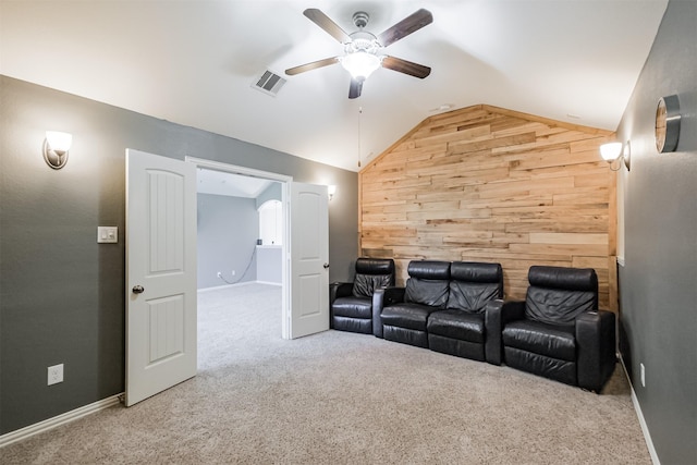 18002 Quarry Vale Dr, Cypress, TX 77429 - cinema featuring wooden walls, lofted ceiling, a ceiling fan, and carpet flooring