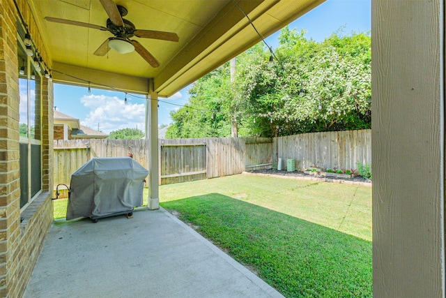 18002 Quarry Vale Dr, Cypress, TX 77429 - fenced backyard featuring ceiling fan and a patio