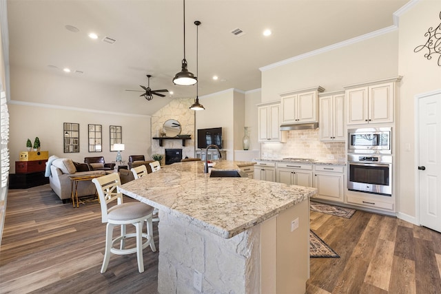 12015 Obsidian Ln, Dayton, TX 77535 - kitchen featuring appliances with stainless steel finishes, a ceiling fan, a kitchen breakfast bar, dark wood-style floors, and a large fireplace