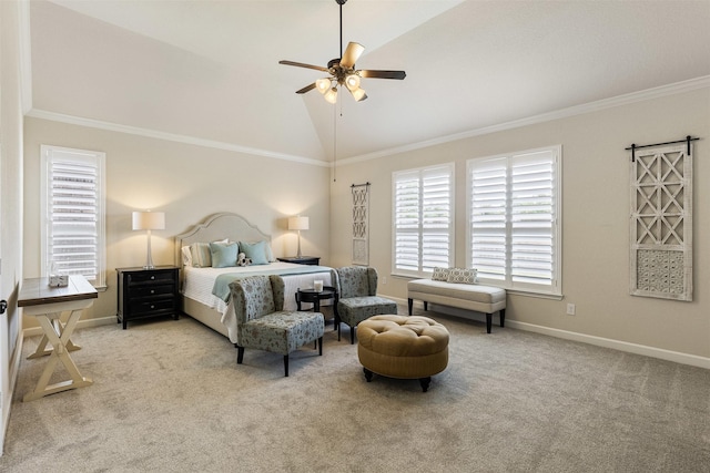 12015 Obsidian Ln, Dayton, TX 77535 - bedroom featuring crown molding, carpet floors, vaulted ceiling, and ceiling fan