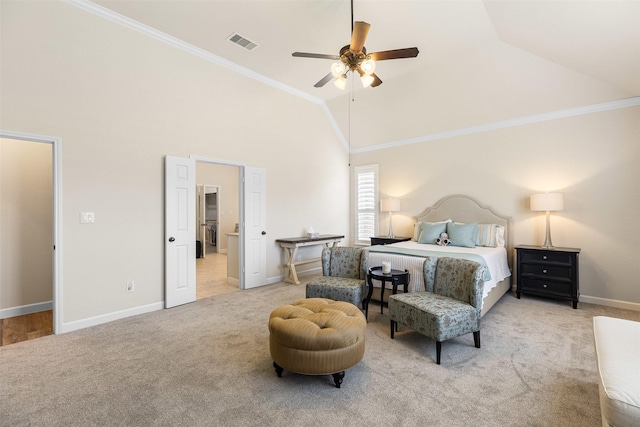 12015 Obsidian Ln, Dayton, TX 77535 - bedroom featuring carpet, ornamental molding, a ceiling fan, and high vaulted ceiling