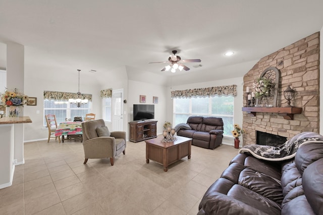 30302 Castle Forest Dr, Spring, TX 77386 - living room featuring ceiling fan, a chandelier, light tile patterned floors, a fireplace, and recessed lighting