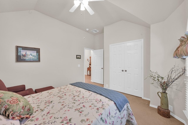 30302 Castle Forest Dr, Spring, TX 77386 - bedroom with light carpet, a closet, a ceiling fan, and high vaulted ceiling