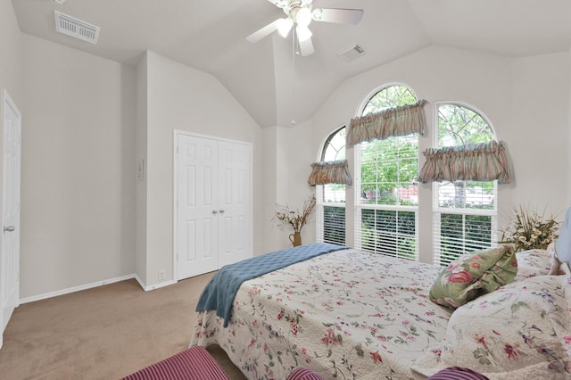 30302 Castle Forest Dr, Spring, TX 77386 - carpeted bedroom featuring lofted ceiling, a closet, and ceiling fan