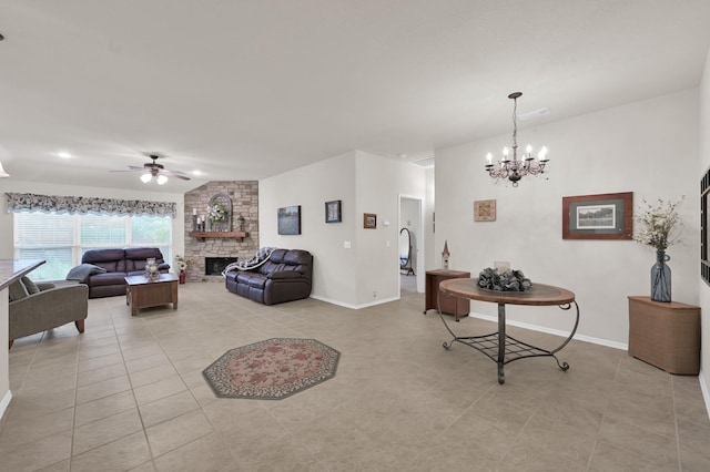30302 Castle Forest Dr, Spring, TX 77386 - living room with a fireplace, ceiling fan, a chandelier, and light tile patterned floors