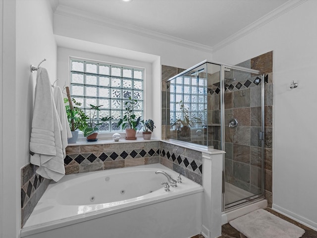 11938 Galentine Pt, Cypress, TX 77429 - bathroom featuring a jetted tub, a stall shower, and crown molding