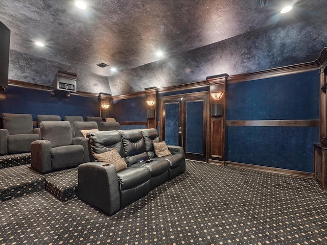 11938 Galentine Pt, Cypress, TX 77429 - carpeted cinema with vaulted ceiling and crown molding
