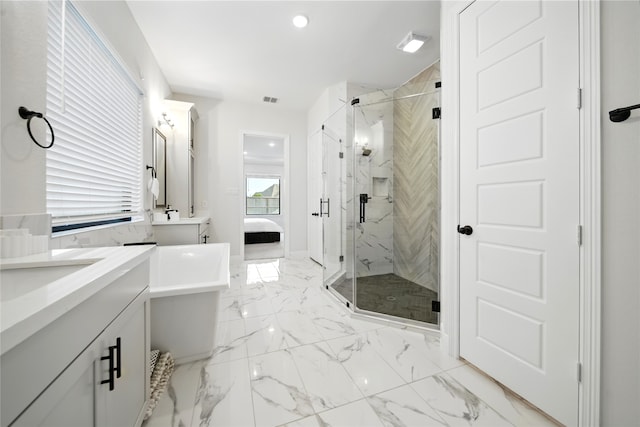 18011 Brazos River Cir, Cypress, TX 77433 - bathroom featuring two vanities, a marble finish shower, marble look tile flooring, and a freestanding tub