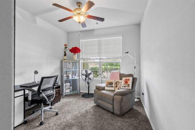 12137 Pearl Bay Ln, Conroe, TX 77304 - carpeted home office featuring a ceiling fan and baseboards
