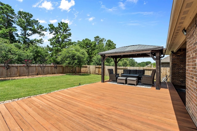12137 Pearl Bay Ln, Conroe, TX 77304 - wooden terrace featuring an outdoor living space, a gazebo, and a fenced backyard
