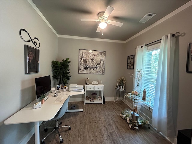 23918 Overcup Dr, Spring, TX 77389 - office area featuring wood finished floors, ornamental molding, and ceiling fan