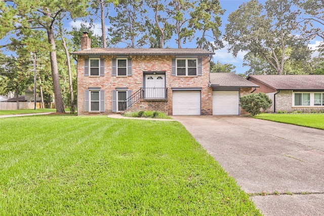 3203 Sycamore Springs Dr, Kingwood, TX 77339 - raised ranch with a chimney, a front yard, driveway, and brick siding