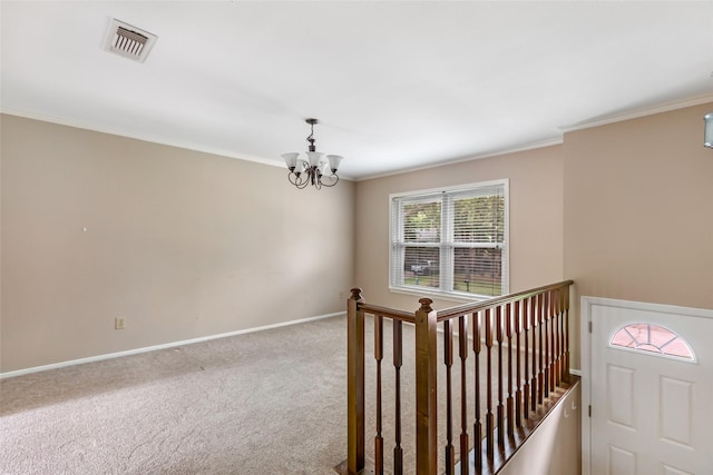 3203 Sycamore Springs Dr, Kingwood, TX 77339 - stairs featuring a chandelier, carpet floors, and crown molding