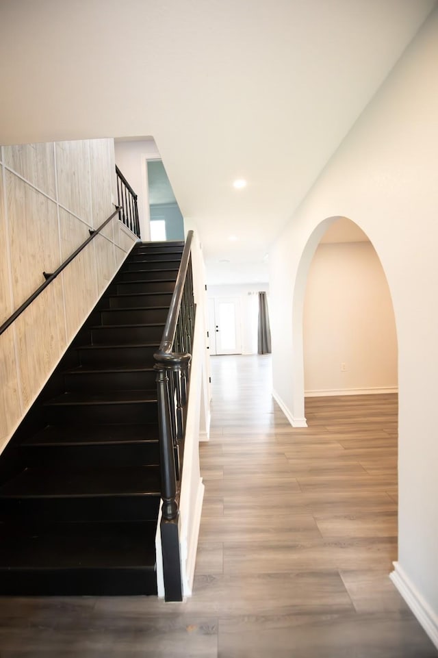 17106 Spring Creek Forest Dr, Spring, TX 77379 - staircase with wood finished floors and recessed lighting
