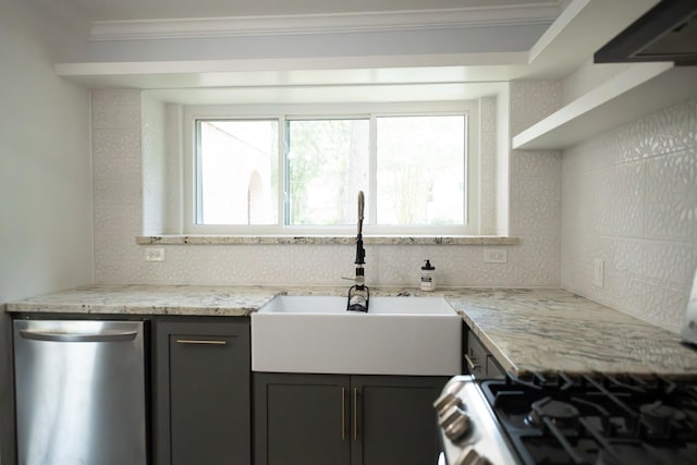17106 Spring Creek Forest Dr, Spring, TX 77379 - kitchen featuring stainless steel dishwasher, decorative backsplash, exhaust hood, ornamental molding, and light stone counters
