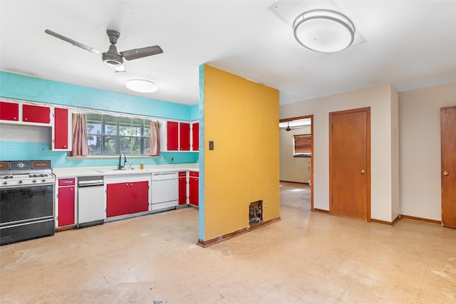 7202 Pinetex Dr, Houston, TX 77396 - kitchen featuring gas range, white dishwasher, light flooring, and a ceiling fan