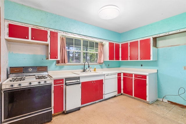 7202 Pinetex Dr, Houston, TX 77396 - kitchen featuring gas stove, red cabinetry, dishwasher, light countertops, and light flooring