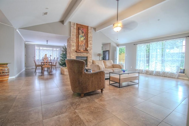 3834 Gamlin Bend Dr, Houston, TX 77082 - tiled living room featuring a fireplace, healthy amount of natural light, and ceiling fan