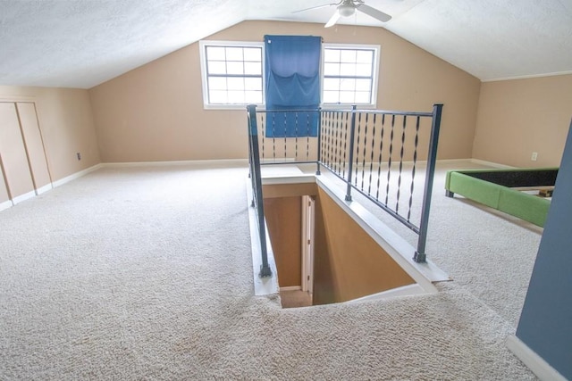 3834 Gamlin Bend Dr, Houston, TX 77082 - bonus room featuring carpet, ceiling fan, vaulted ceiling, and a textured ceiling