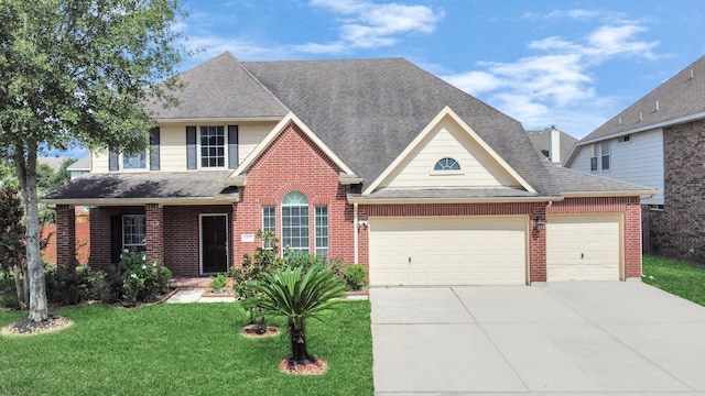 6803 Chapelfield Ln, Houston, TX 77049 - traditional-style home featuring a garage, driveway, a front lawn, and brick siding