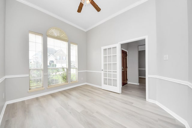 6803 Chapelfield Ln, Houston, TX 77049 - unfurnished room featuring ornamental molding, light wood finished floors, a ceiling fan, and french doors