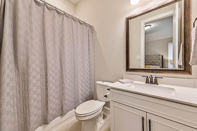 1939 Heather Canyon Dr, Pearland, TX 77089 - bathroom with vanity and shower / bathtub combination with curtain