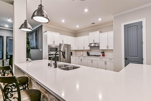 1939 Heather Canyon Dr, Pearland, TX 77089 - kitchen featuring stainless steel appliances, under cabinet range hood, a kitchen bar, light countertops, and crown molding