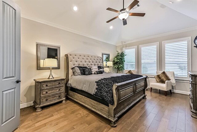 1939 Heather Canyon Dr, Pearland, TX 77089 - bedroom with lofted ceiling, crown molding, light wood-style floors, recessed lighting, and ceiling fan